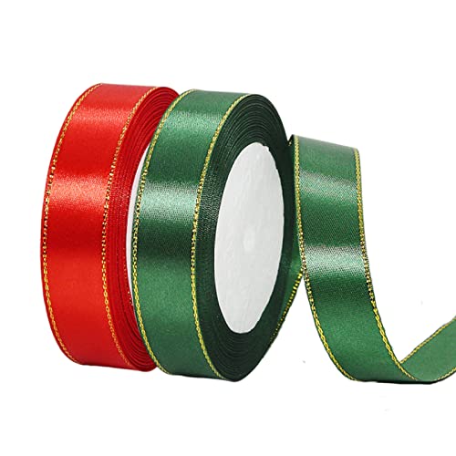 2 Rollen 20 mm x 22 m grün/rotes Band mit Goldrand, doppelseitiges Weihnachtsband für Bastelarbeiten, Weihnachtsband, Geschenkpapier, Basteln, Weihnachtsbaum, Kuchen, Kranz, Schleife, von EZVFIRPDFZ