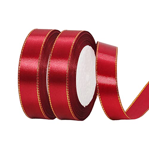 2 Rollen 20 mm x 22 m weinrotes Band mit Goldrand, doppelseitiges Weihnachtsband für Bastelarbeiten, Weihnachtsband, Geschenkpapier, Basteln, Weihnachtsbaum, Kuchen, Kranz, Schleife, von EZVFIRPDFZ