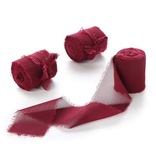 Burgunderrotes Chiffonband, 3 Rollen, 3,8 cm x 4,5 m, handgefertigtes Fransen-Seiden-Chiffonband-Set für Geschenkverpackungen, Hochzeitseinladungen, Brautblumensträuße, Weihnachtsdekoration, von EZVFIRPDFZ