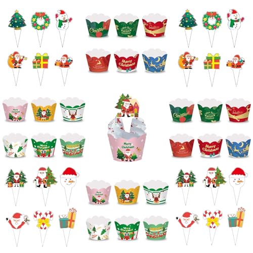 Eabdice 48 Stück Weihnachten Cupcake Topper und Wrappers, Weihnachten Cupcake Topper, Weihnachten Party Dekoration Christmas Cupcake Deko,Papier Cupcake Förmchen Tortendeko von Eabdice