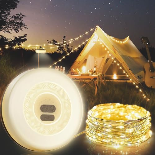 Camping Lichterkette Aufrollbar, 10M LED Alpenwolken Lichterkette Wasserdichte Tragbare, Außen Lichterketten USB-Aufladung, Tragbare Campinglampe für Camping, Garten und Wandern - 6 Beleuchtungsmodi von Eachans