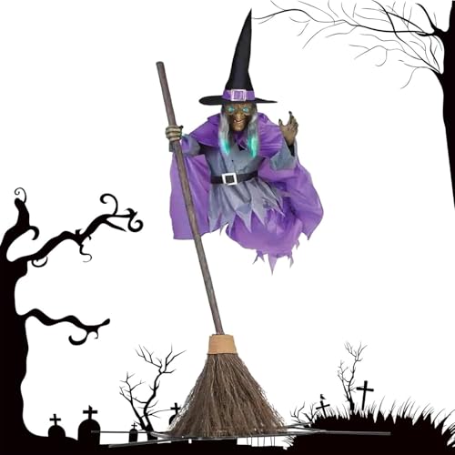 180 cm Unheimliche Hexe, HalbköRper-Fliegende Hexe, Halloween Flying Witch, Gruseliges Dekor Mit Fliegender Hexe Und Besen, Horror-Layout-Partydekoration, Gruselige Requisiten Hausdekor von EagerMinds