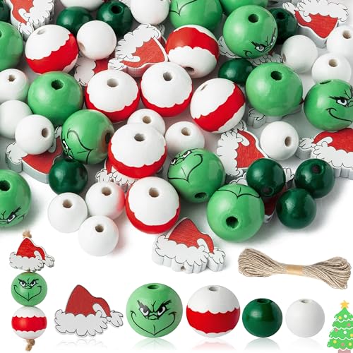 Eartim 121Pcs Christmas Wooden Beads Red Green Santa Hat Round Rustic Farmhouse with 65.6 Feet Twine Natural Craft DIY Xmas Party Hanging Ornament Supplies von Eartim