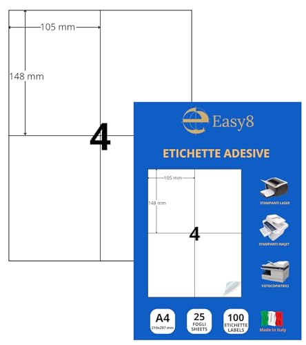 Easy8 105 x 148 cm, 25 Blatt, selbstklebende A4-Etiketten, selbstklebend, ohne Rand, bedruckbar, weiß, kompatibel mit allen Laserdruckern, Inkjet, Kopierern von Easy8