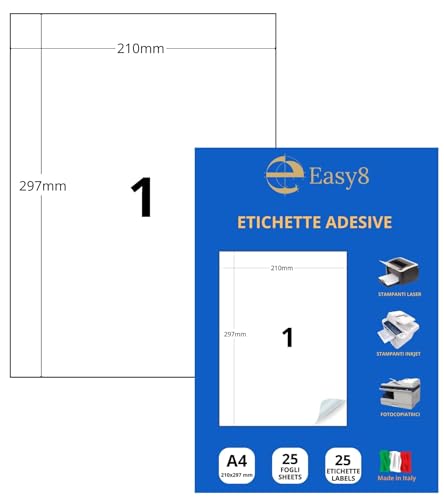 Easy8 210 x 297 25 Blatt, selbstklebende A4-Etiketten, selbstklebend, ohne Rand, bedruckbar, weiß, kompatibel mit allen Laserdruckern, Inkjet, Kopierer, 210 x 297 cm von Easy8