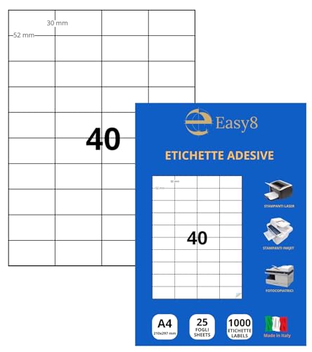 Easy8 52 x 30 cm, 25 Blatt, selbstklebende A4-Etiketten, selbstklebend, ohne Rand, bedruckbar, weiß, kompatibel mit allen Laserdruckern, Inkjet, Kopierern von Easy8