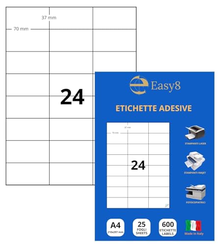 Easy8 70x37 25 Blatt, A4-Klebeetiketten, selbstklebend, ohne Rand, bedruckbar, weiß, kompatibel mit allen Laser-, Tintenstrahl- und Fotokopierdruckern von Easy8