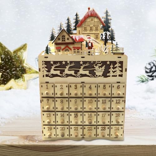 Adventskalender mit 24 Schubladen, mit LED-Lichtern, aus Holz, traditionelle Dekoration, für Kinder, Weihnachtsfeiertagsdekoration von EasyByMall