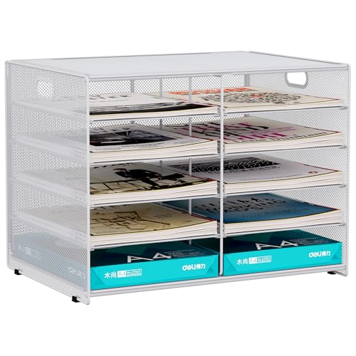 EasyPAG 10 Fächer A4 Metall Büro Schreibtisch Organizer Dokumentenhalter Aktenablage Zeitschriftenhalter Briefablage Papier Magazin Organisator,Weiß von EasyPAG