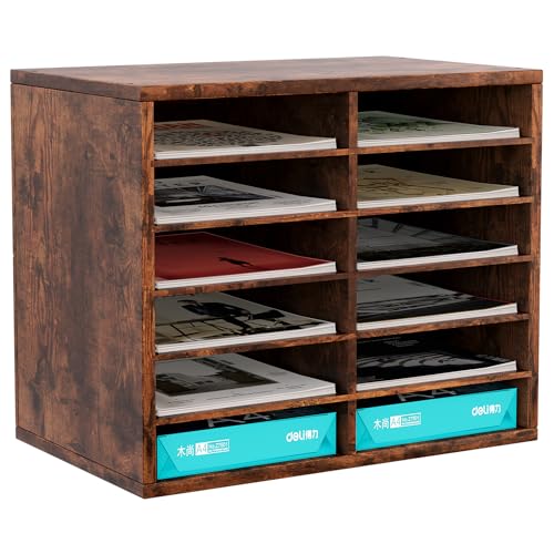 EasyPAG 12 Fächer Holz A4 Büro Schreibtisch Organizer Dokumentenhalter Aktenablage Zeitschriftenhalter Briefablage Papier Magazin Organisator,Braun von EasyPAG