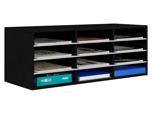 EasyPAG 12 Fächer Holz A4 Büro Schreibtisch Organizer Dokumentenhalter Aktenablage Zeitschriftenhalter Briefablage Papier Magazin Organisator,Schwarz von EasyPAG