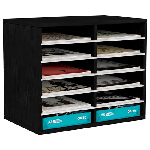 EasyPAG 12 Fächer Holz A4 Büro Schreibtisch Organizer Dokumentenhalter Aktenablage Zeitschriftenhalter Briefablage Papier Magazin Organisator,Schwarz von EasyPAG