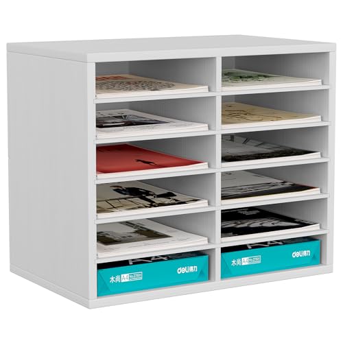 EasyPAG 12 Fächer Holz A4 Büro Schreibtisch Organizer Dokumentenhalter Aktenablage Zeitschriftenhalter Briefablage Papier Magazin Organisator,Weiß von EasyPAG