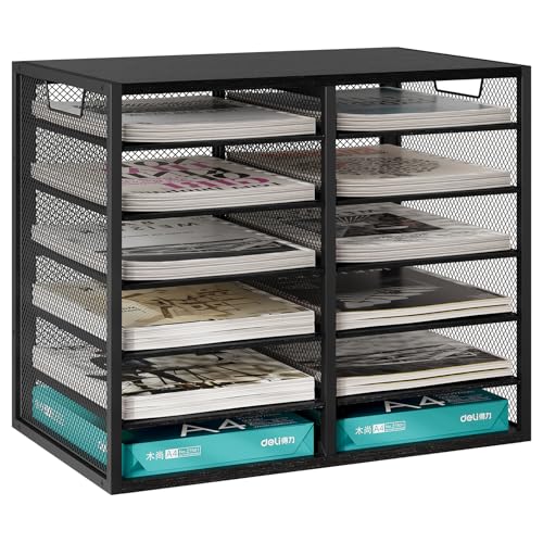 EasyPAG 12 Fächer Metall Holz A4 Büro Schreibtisch Organizer Dokumentenhalter Aktenablage Zeitschriftenhalter Briefablage Papier Magazin Organisator,Schwarz von EasyPAG