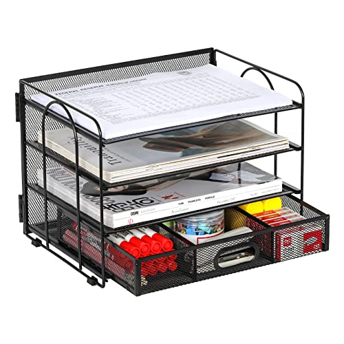 EasyPAG 4 Fächer A4 Metall Büro Schreibtisch Organizer Dokumentenhalter Aktenablage Zeitschriftenhalter Briefablage Papier Magazin Organisator mit Schreibwaren Schublade,Schwarz von EasyPAG