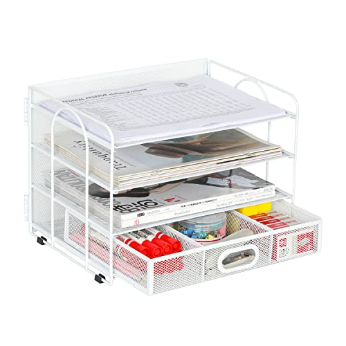 EasyPAG 4 Fächer A4 Metall Büro Schreibtisch Organizer Dokumentenhalter Aktenablage Zeitschriftenhalter Briefablage Papier Magazin Organisator mit Schreibwaren Schublade,Weiß von EasyPAG