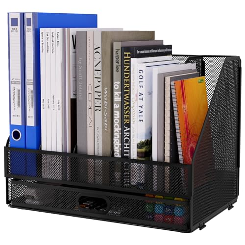 EasyPAG 5 Fächer A4 Metall Büro Schreibtisch Organizer Dokumentenhalter Aktenablage Zeitschriftenhalter Briefablage Papier Magazin Organisator mit Schreibwaren Schublade,Schwarz von EasyPAG