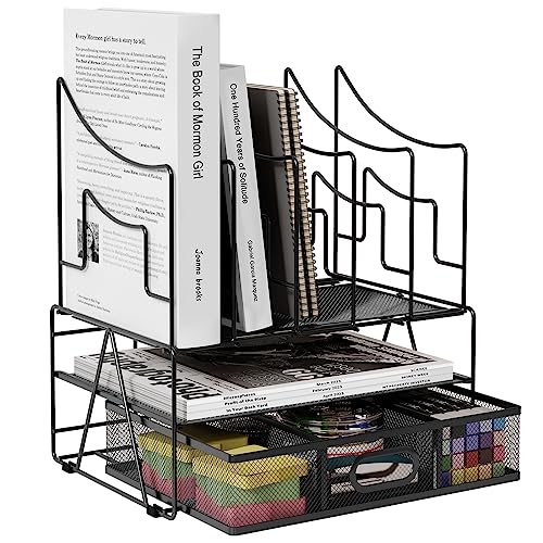 EasyPAG 6 Fächer A4 Metall Büro Schreibtisch Organizer Dokumentenhalter Aktenablage Zeitschriftenhalter Briefablage Papier Magazin Organisator mit Schreibwaren Schublade,Schwarz von EasyPAG