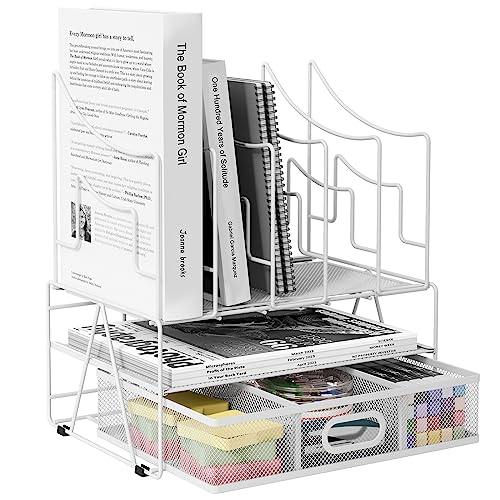 EasyPAG 6 Fächer A4 Metall Büro Schreibtisch Organizer Dokumentenhalter Aktenablage Zeitschriftenhalter Briefablage Papier Magazin Organisator mit Schreibwaren Schublade,Weiß von EasyPAG