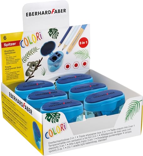 EBERHARD FABER 599042 - Dreifachspitzdose Colori, 6er Set, Anspitzer mit Behälter 3 in 1, Spitzer blau von Eberhard Faber