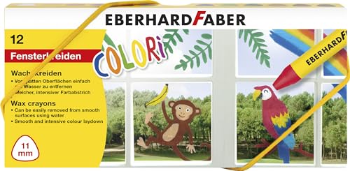 Eberhard Faber 524112 - Fensterkreide Set, 12 Wachsmalstifte für Fenster und Papier, auf glatten Oberflächen mit Wasser abwaschbar von Eberhard Faber