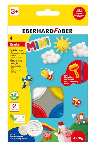 Eberhard Faber 572514 - Spielknete mini, 4 x 50 g Modelliermasse in Weiß, Gelb, Rot und Blau, inkl. Modellierwerkzeugen und Stempelmotiven, besonders weich und leicht auswaschbar von Eberhard Faber