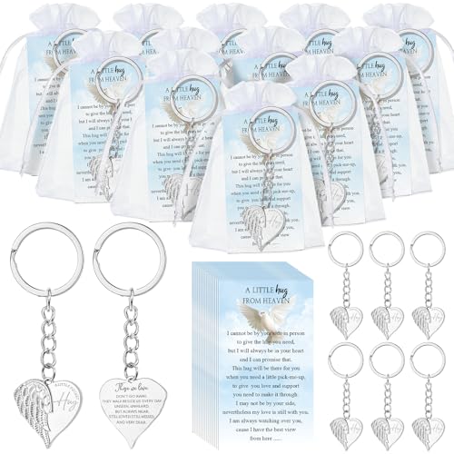 Ecally 20 Set Beerdigungsgeschenke für Gäste, Engel-Schlüsselanhänger, Glückstaube, Gedichtkarten, Organza-Geschenkbeutel, Gastgeschenke für Gedenkveranstaltungen, Partyzubehör, Verlust eines von Ecally