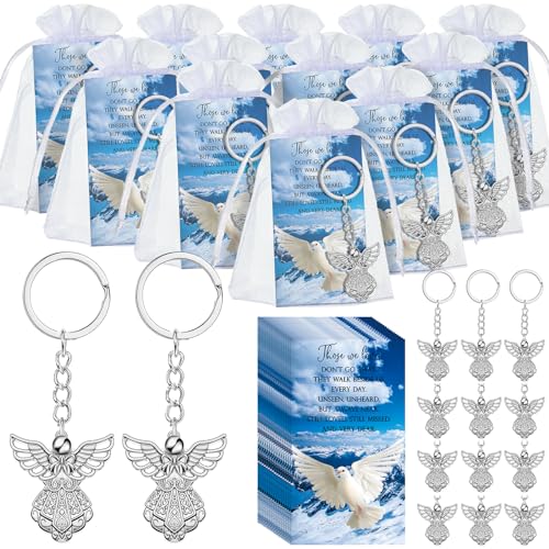 Ecally 20 Set Beerdigungsgeschenke für Gäste, Engel-Schlüsselanhänger, Glückstaube, Gedichtkarten, Organza-Geschenkbeutel, Gastgeschenke für Gedenkveranstaltungen, Partyzubehör, Verlust eines von Ecally