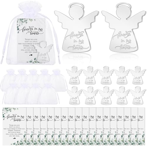 Ecation 50 Sets Beerdigungsgeschenke für Gäste, Schutzengel-Taschenmarken für immer in unseren Herzen, Karten mit weißen Organza-Beuteln, Feier des Lebens, Beerdigungsgeschenke für Gedenkpartys, von Ecation