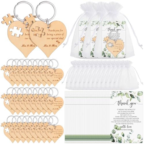 Ecation Hochzeitsgeschenke für Gäste, Holzherz, Puzzle-Schlüsselanhänger, Dankeskarten, Organza-Beutel, rustikale Gastgeschenke (100 Sets) von Ecation