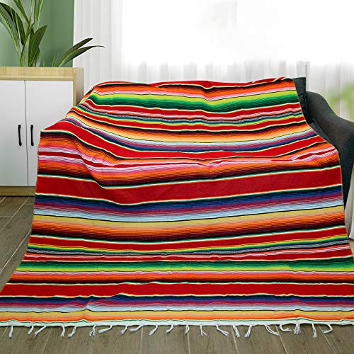 eccbox Mexikanische Tischdecke für mexikanische Hochzeitsparty-Dekorationen, große quadratische Fransen, Baumwolle, mexikanische Serape-Decke, helle Farben, Tischdecke, Picknickmatte, 213 x 150 cm von eccbox