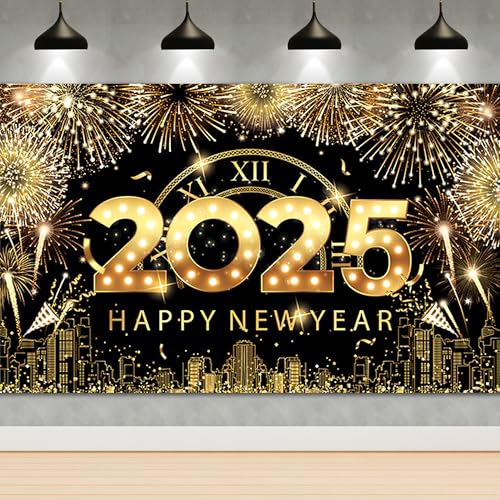 Neujahrsdekoration Echehi Silvester Deko 2025 Silvester Banner, 71 x 44 Inch XXL Neujahr Banner, Happy New Year 2025 Deko Stoff Banner Für Silvester Party Silvesterdeko von Echehi