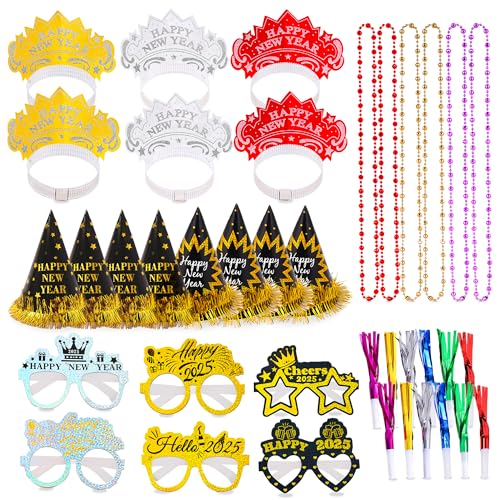 Silvester Deko 2025 Neujahr Party Dekoration Set 44 Pcs, Silvester Accessoires Silvester Hüte, Silvester Haarreif, Brillen, Halskette, Party-Lärmmacher Silvester Tischdeko Für Happy New Year 2025 Deko von Echehi