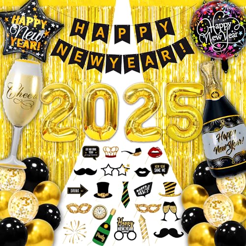 Silvester Deko 2025 Party Set 49 Pcs Happy New Year Deko XXL 2025 (32-ZOLL) Folienballons, Banner, Gold Lametta Vorhang, Schwarz Gold Luftballon, Fotorequisiten Neujahrsdeko Silvester Tischdeko von Echehi