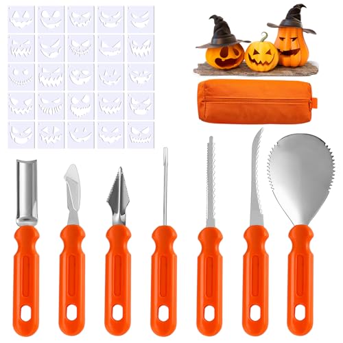 EclipseGuard Halloween Kürbis Schnitzset, 7-teiliges Edelstahl Kürbis Schnitzwerkzeug mit Tragetasche, DIY Halloween Dekoration Edelstahl Kürbis Schnitzwerkzeuge für Kinder und Familie von EclipseGuard