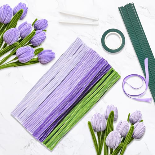 EclipseGuard Violett Tulpe Blumenstrauß pfeifenputzer, 200 Stück Pfeifenreiniger Blumen Set, Pfeifenputzer Bunt mit 4 Farben, Grün Basteldraht, Geschenkband, Klebeband für DIY Tulpe Blumenstrauß von EclipseGuard