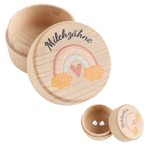 EclipseGuard Holz Zahnfee Box, Zahndose für Milchzähne mit niedlichem Motiv, Kinder Zahndose, Zahndose Milchzähne als Erinnerung an die ersten Zähnchen, Durchmesser 5cm (Regenbogen rosa) von EclipseGuard