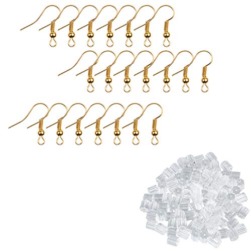 Eco-Fused 200 Stück Gold Ohrring-Haken und 500 Stück transparente Ohrring-Rückseiten - Nickelfreie Ohrdrähte (18mm) - Kunststoff-Stopper-Ersatz-Sicherheitsrücken (2,5mm x 3mm) von Eco-Fused