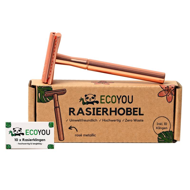 Ecoyou Rasierhobel Metall Rosé Inkl. 10 Klingen, Geschlossener Kamm, Damen & Herren - Nachhaltiger Nassrasierer von EcoYou