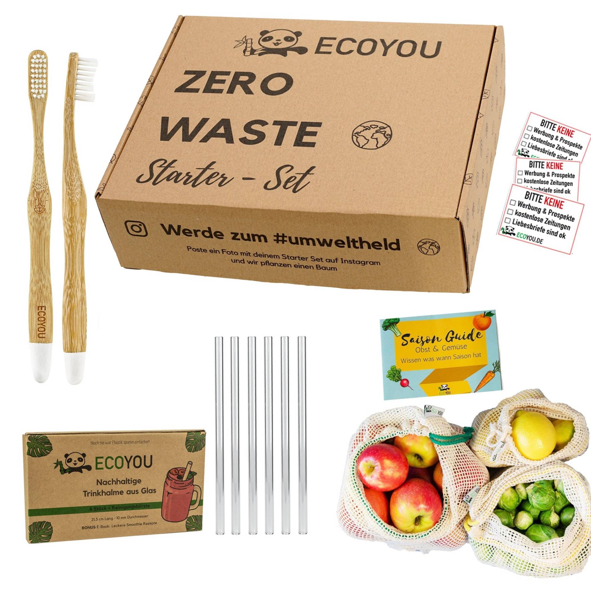 Zero Waste Geschenk Set Inkl. Glastrinkhalme, Zahnbürste, Einkaufsnetze von EcoYou