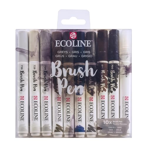 Ecoline Brush Pen-Set mit 10 flüssigen Aquarellstiften – Graufarbtöne | Mischbare Pinselstifte für Handlettering, Zeichnen und Basteln von Ecoline