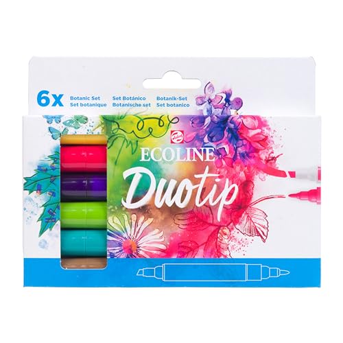 Ecoline Duotip flüssige Aquarellstifte 6er-Set – Botanische Farben | Stifte mit feiner Kugelspitze und breiter Keilspitze von Ecoline