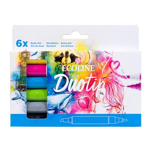 Ecoline Duotip flüssige Aquarellstifte 6er-Set – Grundfarben | Stifte mit feiner Kugelspitze und breiter Keilspitze von Ecoline