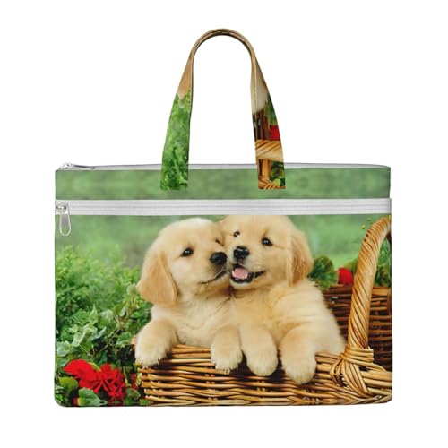 Canvas-Tragetasche mit Welpe, Golden Retriever-Druck, Dokumententasche, Reißverschluss, Aktentasche für Büro, Reisen von EdWal