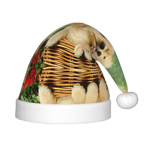 EdWal Plüsch-Weihnachtsmannmütze mit goldenem Retriever-Aufdruck für Kinder, Weihnachtsfeiertagsmütze für Jungen und Mädchen, Weihnachtsfeierzubehör von EdWal