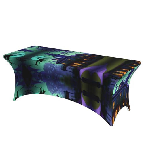 EdWal Schwarze Haunted Mansion Print Spandex 1,8 m rechteckige Stretch-Terrassentischabdeckung für Hochzeiten, Partys, Geburtstage von EdWal