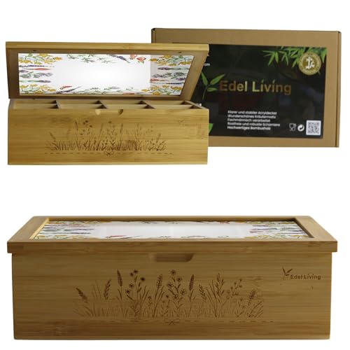 Edel Living Premium Teebox mit 8 Fächern, Acrylglasfenster, Kräutergravur & Magnetverschluss - vielseitig verwendbar für Teebeutel, Kaffeekapseln & mehr (Mattem Wiesenkräutern) von Edel Living