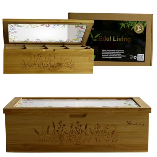 Edel Living Premium Teebox mit 8 Fächern, Acrylglasfenster, Kräutergravur & Magnetverschluss - vielseitig verwendbar für Teebeutel, Kaffeekapseln & mehr (Mattem Wiesenwildblumen) von Edel Living