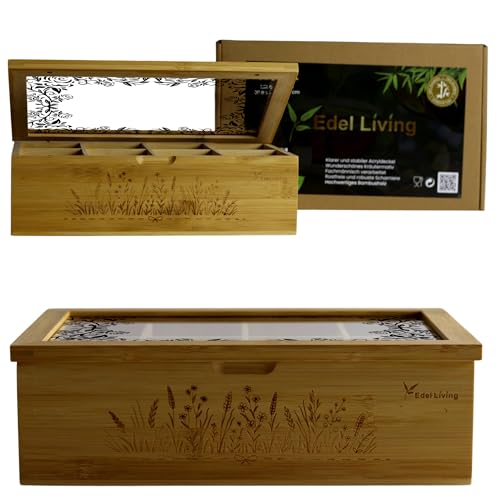 Edel Living Premium Teebox Holz mit 8 Fächern, Acrylglasfenster, Kräutergravur & Magnetverschluss - vielseitig verwendbar für teeboxen für teebeutel, Kaffeekapseln & mehr (Transparentem Schwarzem) von Edel Living