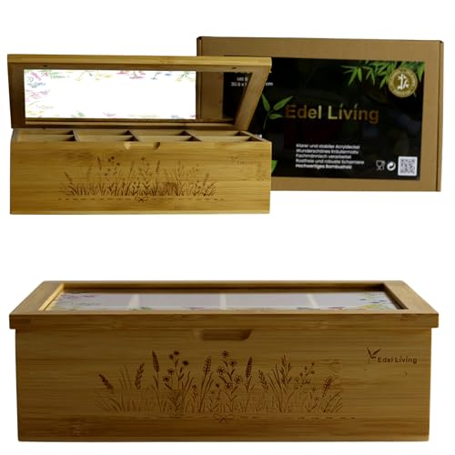 Edel Living Premium Teebox mit 8 Fächern, Acrylglasfenster, Kräutergravur & Magnetverschluss - vielseitig verwendbar für Teebeutel, Kaffeekapseln & mehr (Transparentem Wiesenwildblumen) von Edel Living